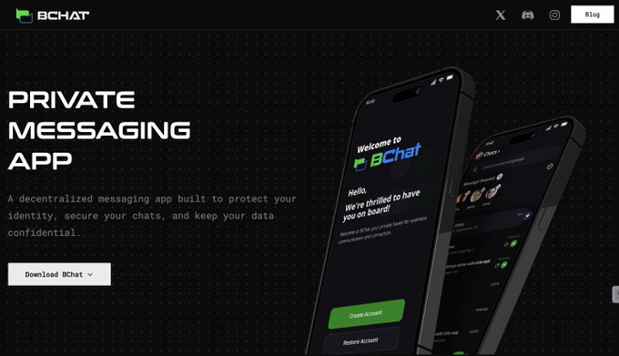 A promotional webpage for 'BCHAT', a private messaging app described as decentralized, showing phone mockups with green-themed interface and a 'Download BChat' button.