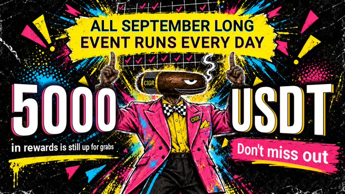 A vibrant promotional banner featuring a cigar-smoking character in a pink suit announces an "ALL SEPTEMBER LONG EVENT RUNS EVERY DAY" with "5000 USDT in rewards" up for grabs, matching the post's announcement of daily events, USDT cash prizes, $CIGR airdrops, cigar gift boxes, and leaderboard contests throughout the month.