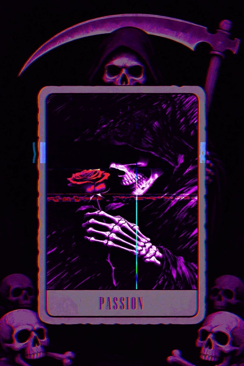 The image features a card with a skull and rose, along with other skulls and bones surrounding it. The background of the image is black, which contrasts with the pink color used for the roses. The text "Passion Echoes of Skull Card Collection" can be seen in the image, suggesting that this might be an art project or a creative representation of passion using elements from a deck of cards.