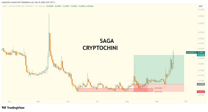 A TradingView candlestick chart for the cryptocurrency "SAGA / TetherUS PERPETUAL CONTRACT," showing a recent upward price movement, with the text "SAGA CRYPTOCHINI" overlaid.