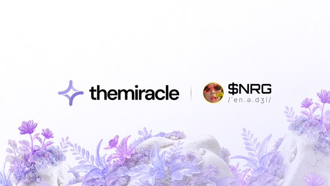 The image displays a partnership announcement featuring the "themiracle" and "$NRG" (pronounced /ˈen.ə.dʒi/) logos, with "themiracle" text next to a purple star icon and the $NRG token accompanied by what appears to be a donut icon, all set against a white background decorated with purple and white floral illustrations at the bottom corners.

This promotional graphic visually represents the collaboration between themiracle, NRG, Blond:ish, and MetaMask to onboard new users—aligning with the post's message about leveraging Blond:ish's 6.9M+ Spotify reach to introduce MetaMask users into the creative universe through a Learn & Earn campaign.