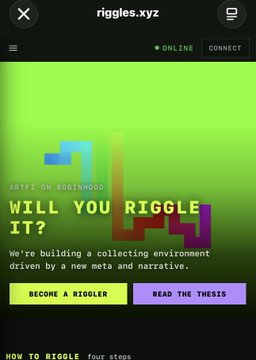 A mobile screenshot of the website riggles.xyz showing a colorful logo with the text 'ARTF ON ROBINHOOD', 'WILL YOU RIGGLE IT?', and buttons reading 'BECOME A RIGGLER' and 'READ THE THESIS'.
