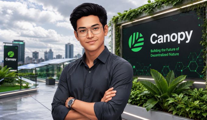 A young man in a black shirt stands with arms crossed in front of a Canopy-branded sign reading "Building the Future of Decentralized Nature," set against a rooftop backdrop of greenery and a city skyline. The image visually anchors the post's message about @CNPYNetwork's role as a learning platform, where each of its 331K+ launches contributes examples and builder behavior to improve future projects.