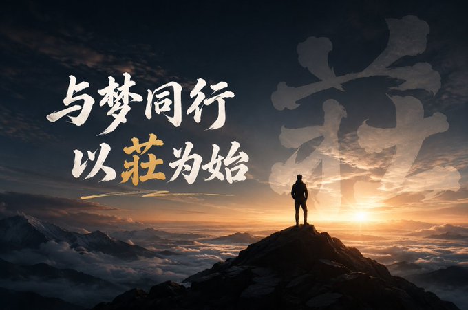 A motivational poster with Chinese characters reading "与梦同行 以莊为始" (Travel with dreams, start with Zhuang) featuring a silhouette of a person standing on a mountain peak at sunset, with a large character "莊" on the right.