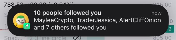 A notification alert stating '10 people followed you now: MayleeCrypto, TraderJessica, AlertCliffOnion and 7 others followed you'.