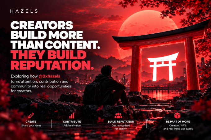 A promotional graphic for 'HAZELS' featuring a red-tinted scene of a person looking toward a torii gate and a torii logo, with the text 'CREATORS BUILD MORE THAN CONTENT. THEY BUILD REPUTATION.'