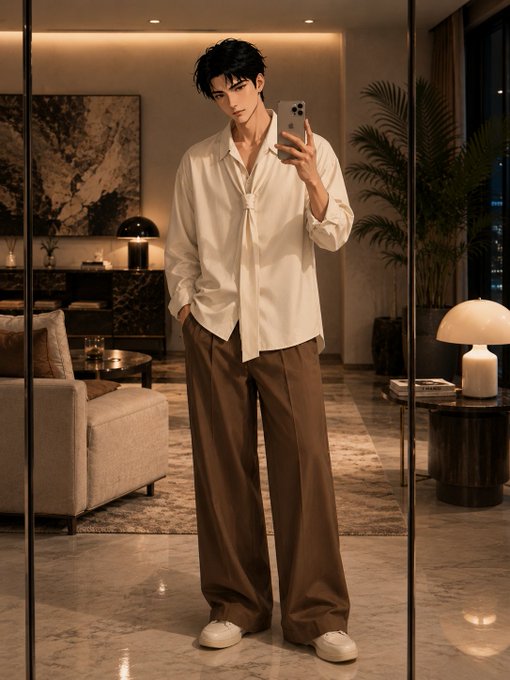 An illustrated character wearing a white loose-fitting shirt and brown wide-leg trousers, taking a mirror selfie with a smartphone in a warmly lit, modern interior.