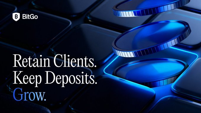 BitGo's "Retain Clients. Keep Deposits. Grow." campaign showcases stylized blue-lit coins and a keyboard, visually emphasizing the seamless integration of crypto custody and trading services into traditional banking ecosystems.