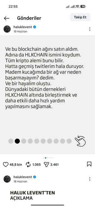 A Turkish social media post by "haluklevent" (dated June 19) where he claims to have bought a blockchain network and named it "HLKCHAIN," stating that all crypto world knows it, and he bought it to unite all aid foundations under HLKCHAIN to provide more effective and faster aid. The post has received 48.8K likes, 1,065 shares, and 3,461 comments.