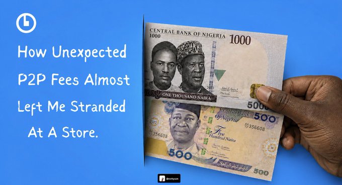 A hand holds Nigerian naira banknotes, including 1000 and 500 denominations issued by the Central Bank of Nigeria, against a blue background with text reading "How Unexpected P2P Fees Almost Left Me Stranded At A Store," illustrating the currency involved in the author's troubled peer-to-peer USDT sale experience.
