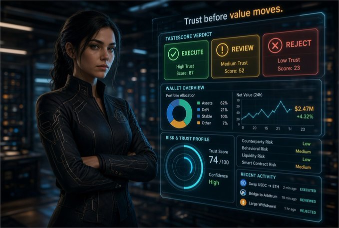 A futuristic interface titled 'Trust before value moves' displaying a 'TASTESCORE VERDICT' with 'EXECUTE' (High Trust Score: 87), 'REVIEW' (Medium Trust Score: 52), and 'REJECT' (Low Trust Score: 23), alongside a wallet overview, risk profile, and recent activity. A woman in a dark futuristic suit stands beside the dashboard.