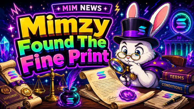 Vibrant 'Mimzy Found The Fine Print' MIM News graphic featuring an illustrated rabbit in a wizard hat and suit examining legal documents with a magnifying glass, surrounded by Solana logos.