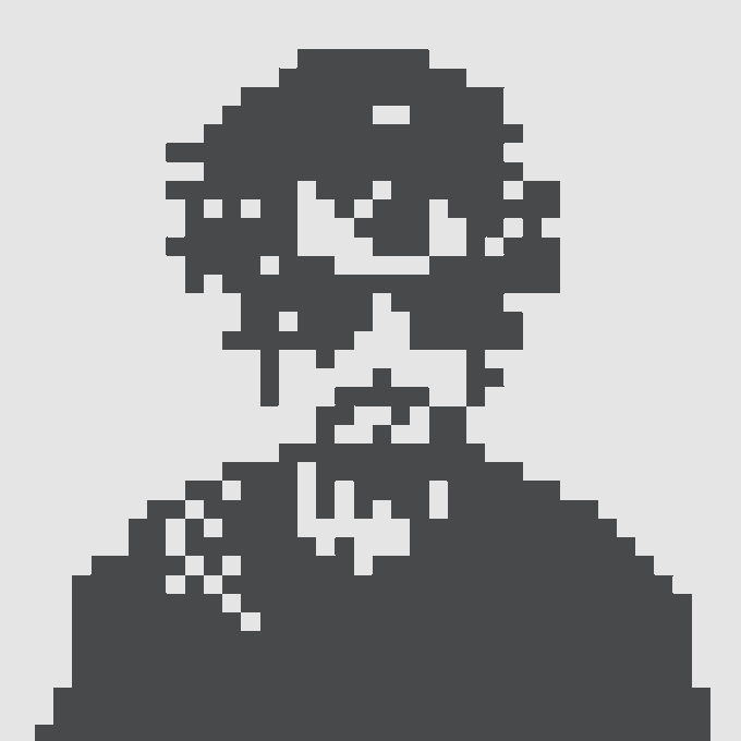 A pixelated, dark gray and white illustration of a character with sunglasses and a collared shirt, with text details obscured in the design.