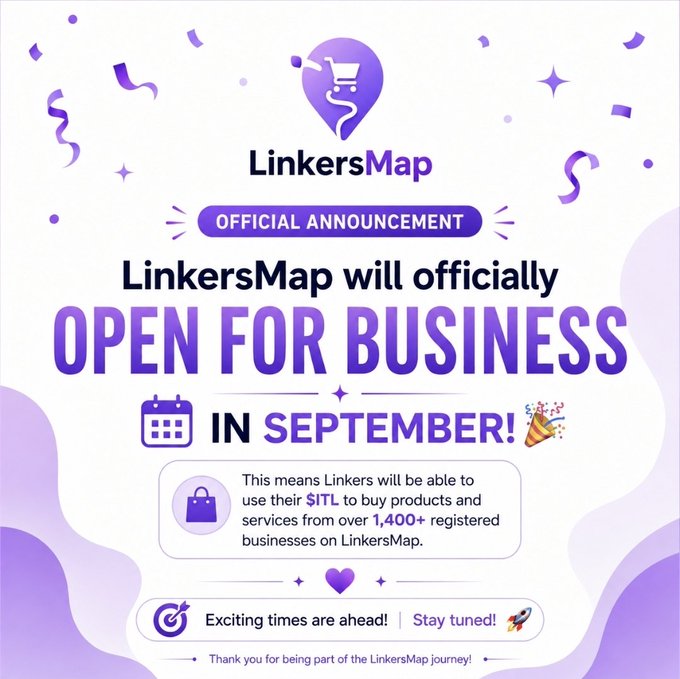 LinkersMap's official announcement graphic in purple tones, featuring a shopping cart map pin logo and confetti, declares that the platform will officially open for business in September, allowing users to spend their $ITL token at over 1,400 registered businesses.