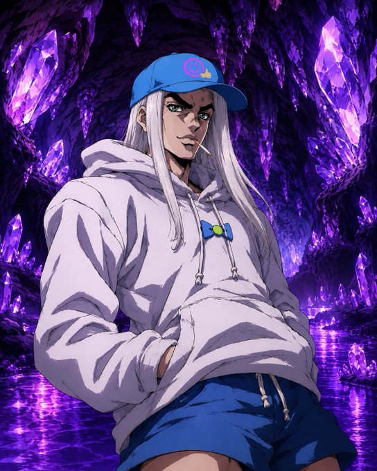 The image features an anime character with long blonde hair wearing a blue baseball cap and a white hoodie. They are standing in front of purple crystals or rocks, which appear to be glowing. The character has a serious expression as they pose for the photo.