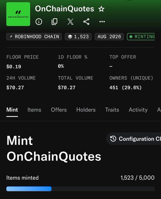 A mobile screenshot of an NFT collection page for 'OnChainQuotes' on the Robinhood Chain, showing a floor price of $0.19 and 1,523 items minted out of 5,000.