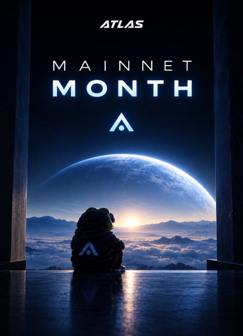 A promotional poster for 'ATLAS' featuring 'MAINNET MONTH' above a hooded figure looking toward Earth from above the clouds.