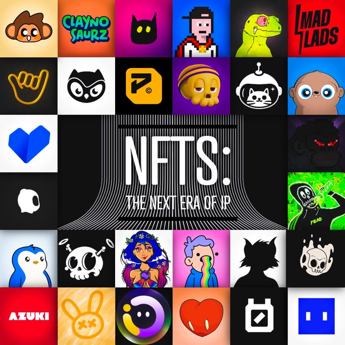 The image features a grid of recognizable NFT project logos and characters—including Clayno Saurz, Mad Lads, Doodles, Azuki, Moonbirds, and others—surrounding a central banner reading "NFTS: THE NEXT ERA OF IP," visually reinforcing the post's message that top NFT collections are evolving into lasting intellectual property independent of crypto market cycles.