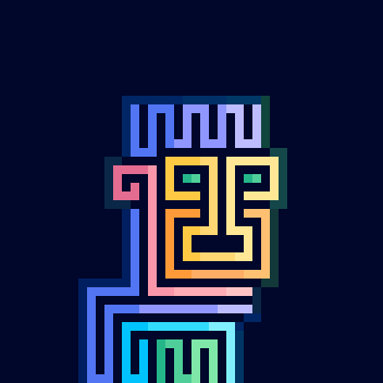 A digital illustration with a dark blue background features stylized geometric shapes resembling a face, including a crown, green eyes, a yellow beard, and a green mouth, all rendered with colorful gradient lines.