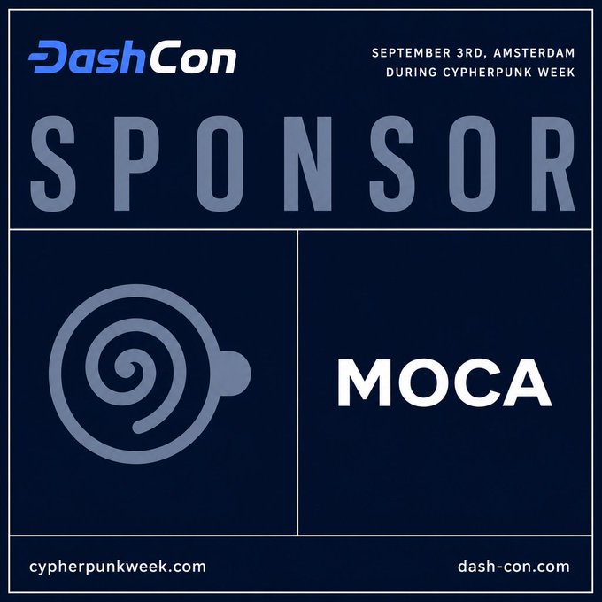 A DashCon sponsor graphic for 'MOCA' featuring a spiral logo, taking place on September 3rd in Amsterdam during Cypherpunk Week.