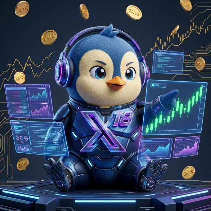 A futuristic penguin character wearing high-tech headphones and futuristic suit labeled with "X18" sits on a platform surrounded by floating trading screens displaying bullish candlestick charts and rising graphs, alongside golden coins marked "X18." The image visually represents the post's discussion of X18's privacy-focused, decentralized crypto platform by blending a tech-savvy mascot with trading analytics and falling/floating X18 tokens.