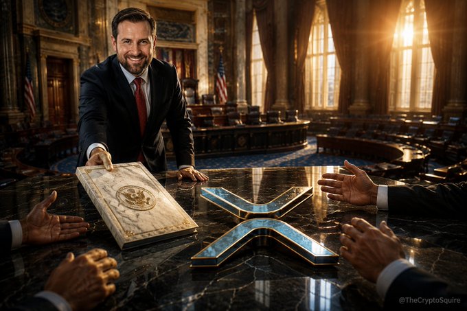 An AI-generated image showing a smiling man in a suit presenting a marble document with a gold seal across a table toward the XRP logo, with the handle '@TheCryptoSquire' in the corner.