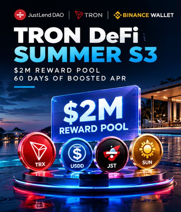 A promotional banner for 'TRON DeFi SUMMER S3' by JustLend DAO, TRON, and Binance Wallet, featuring a '$2M REWARD POOL' over '60 DAYS OF BOOSTED APR' with coins for TRX, USDD, JST, and SUN.
