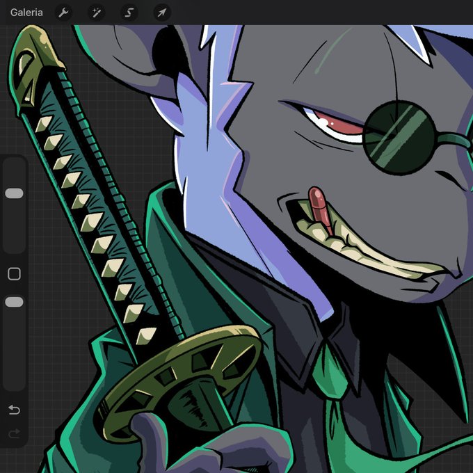A digital illustration of a gray wolf-like character with a monocle and green outfit, holding a sword, displayed in an app gallery view.
