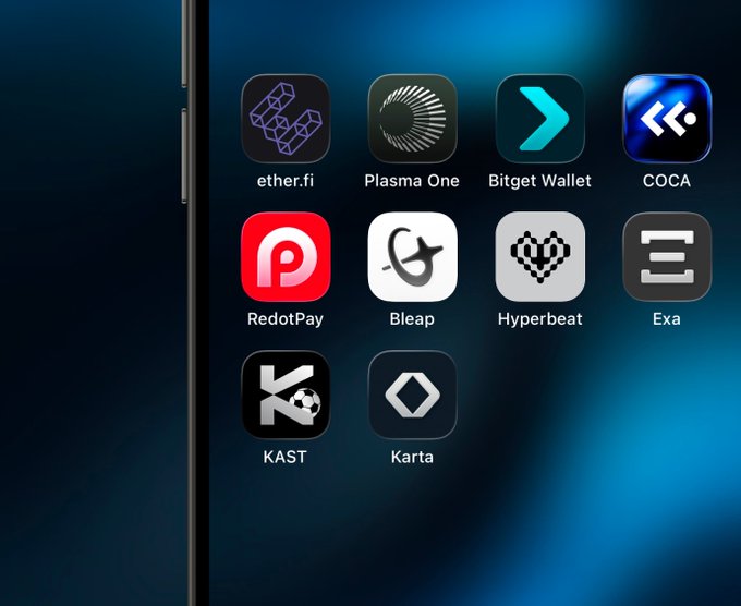 A smartphone home screen displaying crypto/fintech app icons including ether.fi, Plasma One, Bitget Wallet, COCA, RedotPay, Bleap, Hyperbeat, Exa, KAST, and Karta.