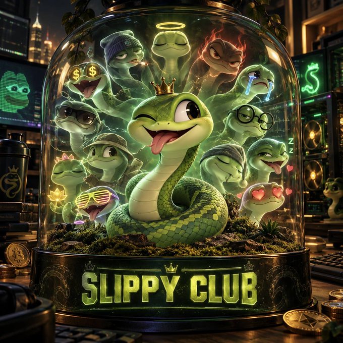 A digital artwork titled "SLIPPY CLUB" featuring a group of cartoon snakes with various accessories like crowns and glasses inside a glass dome, with one snake wearing a crown in the center.