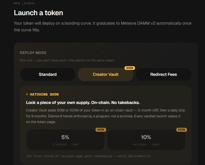 A dark-themed webpage titled 'Launch a token' explaining a new launch feature where tokens deploy on a bonding curve and graduate to Meteora DAMM V2, with deploy mode options including Standard, Creator Vault (soon), and Redirect Fees, plus vaulting options at 5% and 10%.