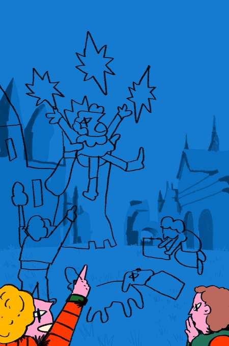A cartoon-style illustration with a blue background showing three characters reacting to a central scene where a figure levitates with explosive bursts around them, while one character draws and another kneels on the ground.