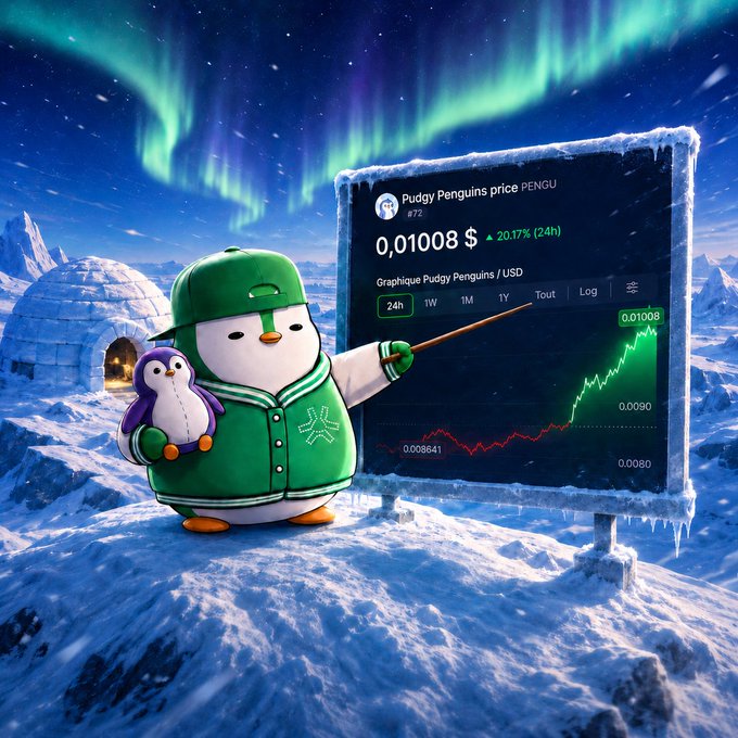 A Pudgy Penguins-themed promotional image showing the penguin character in winter clothing pointing at a price chart for 'PENGU' token displaying 0.01008$ with a +2017% (24h) increase against an arctic aurora background.
