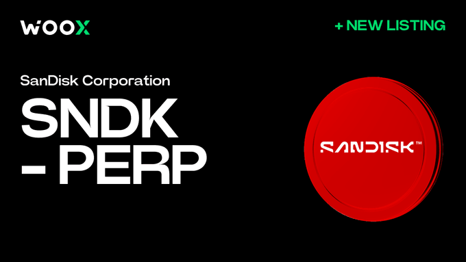 The image features a black background with white text that reads "SNDK - PERP" followed by an image of a red circle with the word "Sandisk" written on it, indicating that this is a product or service related to Sandisk Corporation's Sndk Perp. The post also includes a green button and a white banner stating "New listing".