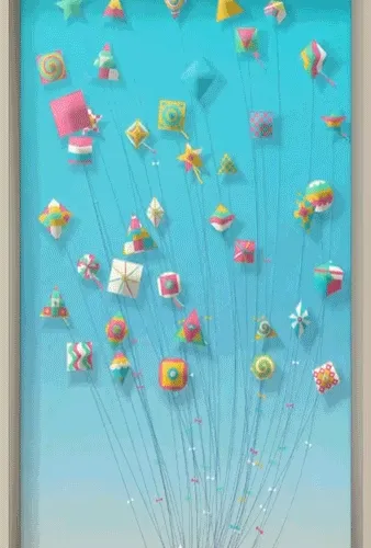 A collection of colorful, geometric beaded charms and ornaments hanging from strings against a light blue background, resembling handmade decorative pendants.
