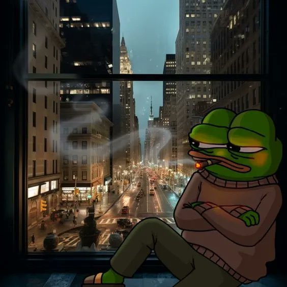 A grumpy-looking Pepe the Frog sits on a windowsill smoking a cigarette while overlooking a dimly lit city street at night, capturing a moody, melancholic vibe that visually reinforces the caption's pessimistic outlook of a difficult week ahead.