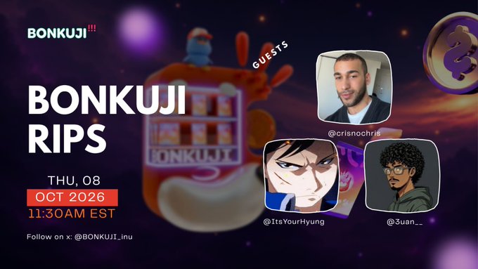 A promotional graphic for 'BONKUJI RIPS' scheduled for THU, 08 OCT 2026 at 11:30AM EST, featuring guests @crisnochris, @ItsYourHyung, and @3uan._ alongside the Bonkuji mascot.