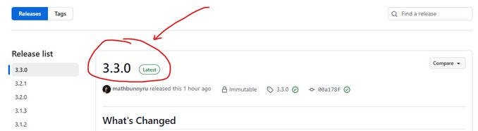 GitHub releases page highlighting version 3.3.0 (Latest) with a red hand-drawn circle and arrow pointing to it, released by matthbunnyru.