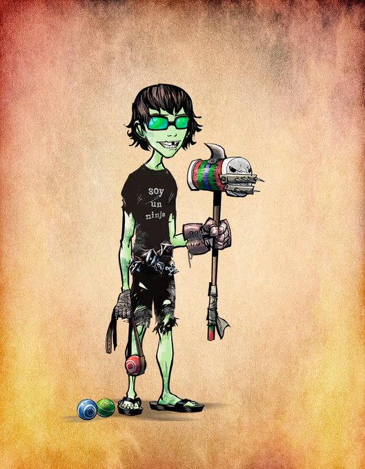 An illustrated character with green-tinted skin, sunglasses, and a black t-shirt reading "SOY UN NINJA" holds a skull-decorated hammer, standing beside two small balls.