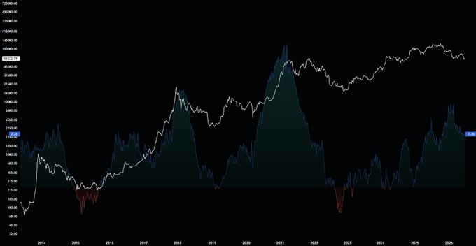 A multi-year financial chart spanning from 2014 to 2024 displays two overlaid metrics: a white line representing Bitcoin's price (fluctuating between roughly $200 and $73,000) and a blue/teal area chart representing global liquidity (labeled "LOD" at approximately 210K). The visualization illustrates the post's point that during the current cycle, Bitcoin has dropped 53% while global liquidity (the blue area) has remained relatively stable near its highs, contrasting with previous bear markets where liquidity contraction drove Bitcoin's declines.