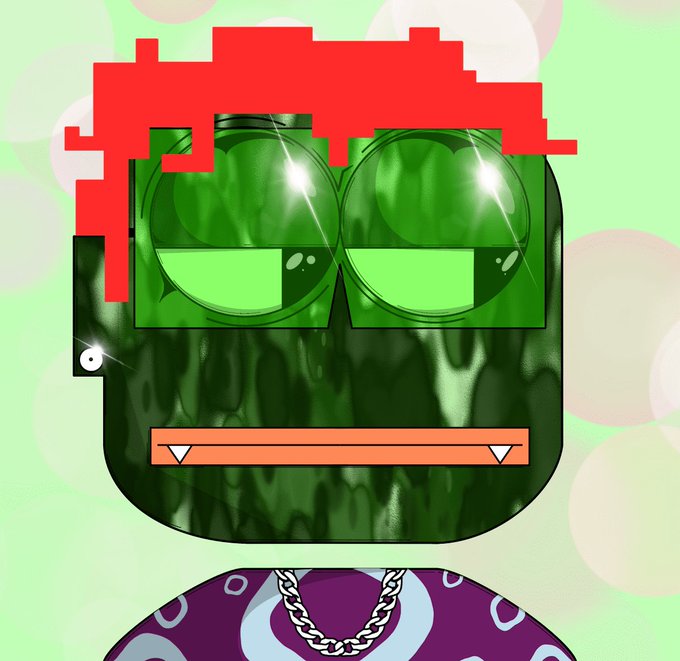 A digital illustration features a green, metallic-textured face with large glowing green eyes and vampire fangs, topped with red pixelated hair and wearing a chain necklace.