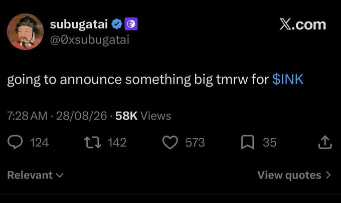 A tweet from @0xsubugatai with 58K views reads "going to announce something big tmrw for $INK," teasing a major upcoming announcement for the $INK token that aligns with the post's speculation about a potential $INK airdrop checker launch.