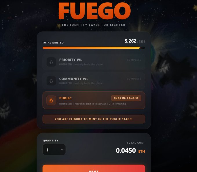 A minting interface for 'FUEGO - THE IDENTITY LAYER FOR LIGHTER,' showing 5,262 of 5,555 total minted, with public stage active at 0.0450 ETH per mint.