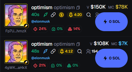 A screenshot showing two crypto tokens named 'optimism' created by @elonmusk, displaying market caps of $150K and $108K with prices in SOL.