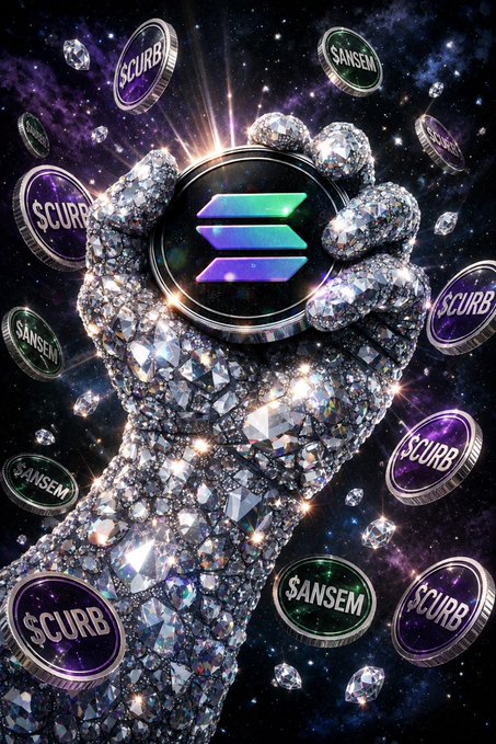 A sparkly diamond-encrusted hand holding a Solana logo coin in space, surrounded by floating coins labeled '$CURB' and '$ANSEM'.