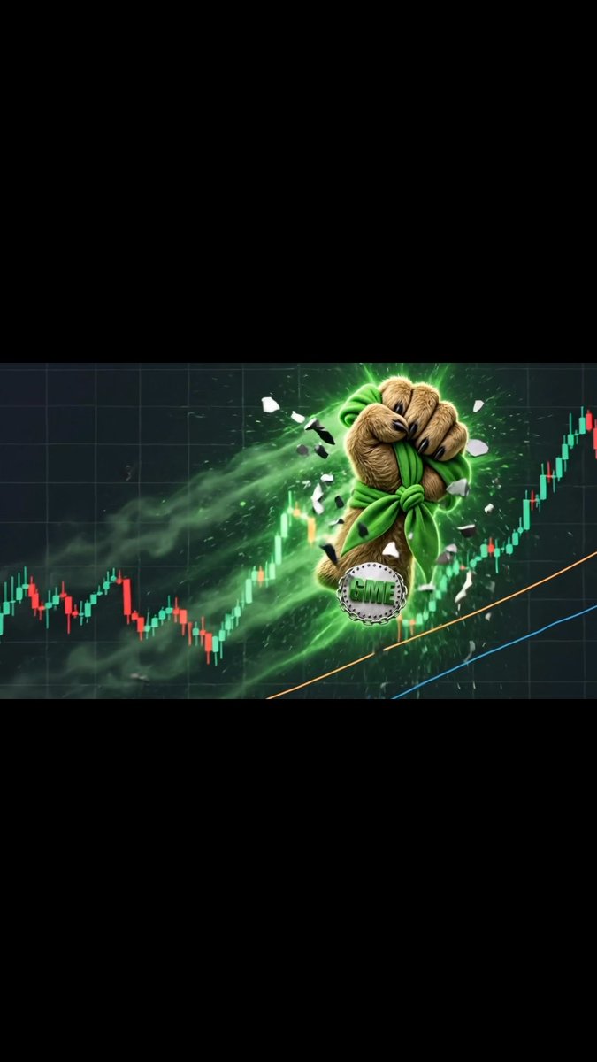 A dynamic digital illustration showing a brown furry fist wearing a green ribbon breaking through a crypto candlestick graph, with a silver coin labeled 'SME' and a bright green energy aura suggesting a bullish market breakout.