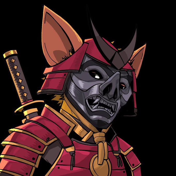 An illustrated samurai character wearing a grey demonic oni mask and red armor with gold trim grins menacingly against a black background.