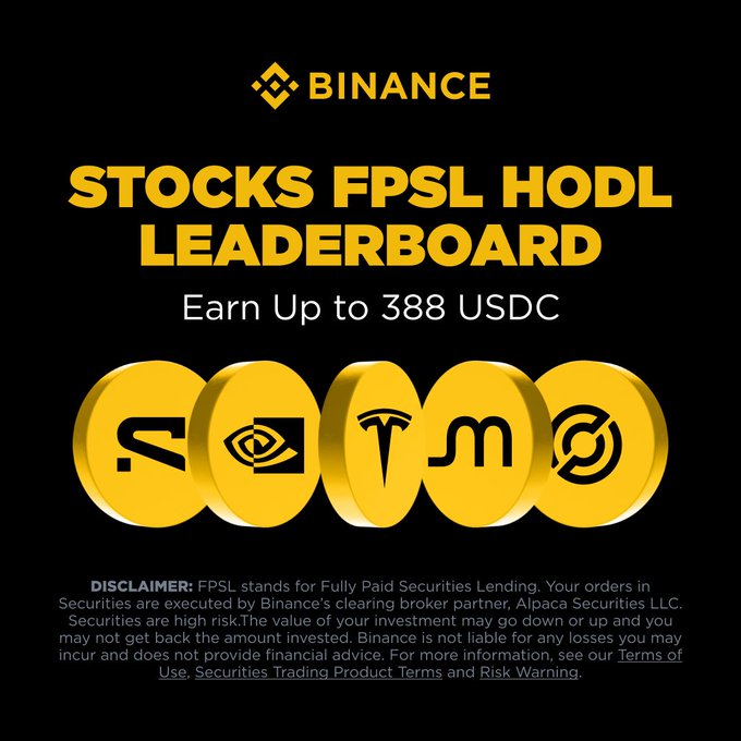 Binance promotional graphic for the "Stocks FPSL HODL Leaderboard," offering users up to 388 USDC for holding stocks, featuring five gold coin icons representing tickers AAPL, NVDA, TSLA, MSTR, and CRCL, with a disclaimer noting securities are executed through clearing broker partner Alpaca Securities LLC.