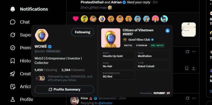 A dark-mode social media profile for "WOWE" (@vvet), described as a "Web3 | Entrepreneur | Investor | Collector" with 1,459 Following and 2,284 Followers, viewing a post by "Citizen of Vibetown #6957" powered by Futurex.st.