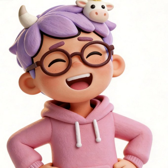 A 3D animated character with purple hair, glasses, a pink hoodie, and small horns laughs joyfully.